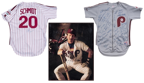 Lot of 3 - Mike Schmidt Signed Philadelphia Phillies Home Jersey & Signed Photograph In 22 x 28 Framed Display & Philadelphia Phillies Multi-Signed Throwback Replica Jersey With 53 Sigs (Beckett)
